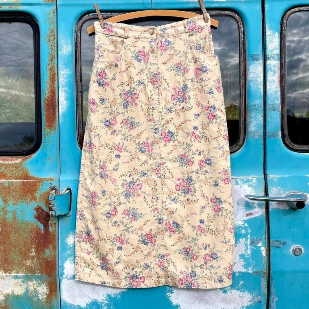 Coldwater Creek 90s linen floral skirt women's size medium